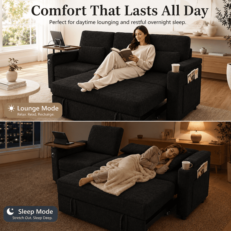 3-in-1 Convertible Sofa Bed, 3-Seater Chenille Couch with Adjustable Backrest, USB Charging Ports, Table Board and Storage Armrests, 81'' Foldable Sleeper Sofa for Living Room