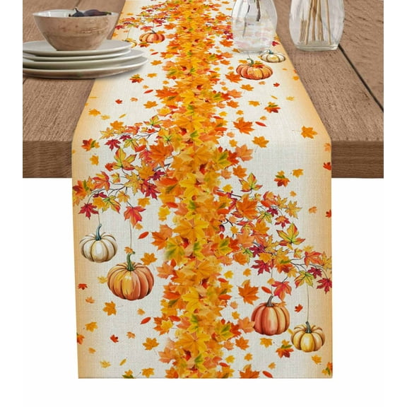 Table Runner 108 Inches Long for Kitchen Dining, Orange Pumpkins Fall Dresser Scarf Farmhouse, Dining Table Decorations for Wedding/Parties, Thanksgiving Maple Leaves Botanical 13 x 108 In