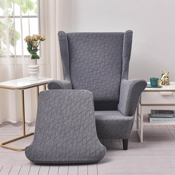 TOPCHANCES Wingback Chair Slipcovers, Stretch Jacquard Wing Chair Cover with Cushion Cover, Armchair Protector for Living Room Bedroom (Dark Gray)
