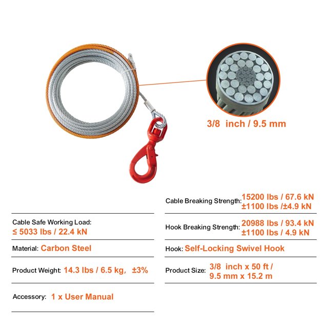 50/75/100Feet Galvanized Steel Winch Cable 3/8 Inch Breaking Strength Wire Winch Rope For SUV Large Off-Road Vehicle