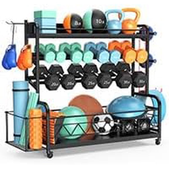 XL Dumbbell Rack Stand Only 4-Tier Adjustable Weight Rack for Dumbbells, Home Gym Storage Rack for Kettlebell ,Yoga Mat Storage Holder, Workout Equipment Storage Organizer with Wheels