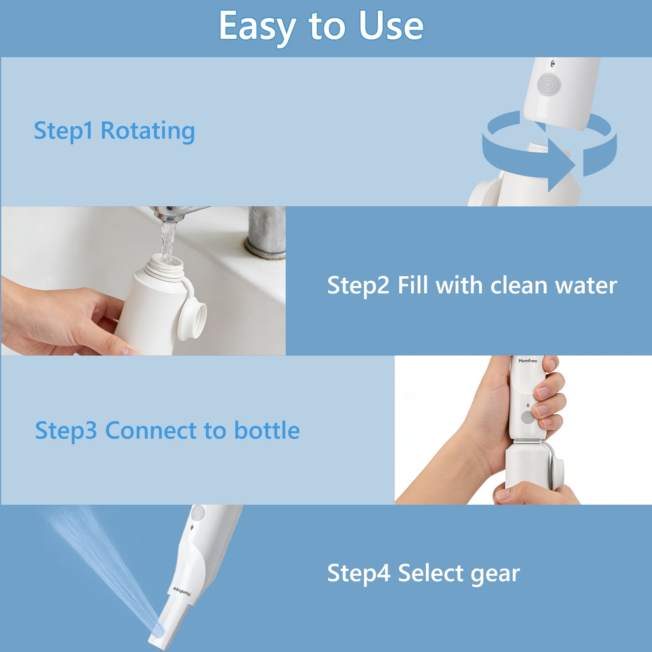 Momfree Portable Electric Bidet Sprayer, 350ml Bottle, 3 Spray Modes, USB-C Rechargeable, IPX7 Waterproof, for Travel & Postpartum Personal Hygiene