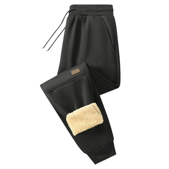 CQONEPT Mens Sherpa Fleece Pants Warm Straight Leg Drawstring Pants Casual Loose Winter Streetwear Pant with Pocket Black 3XL