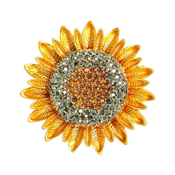 Zhuge Broche de girasol con diamantes de imitación y flores amarillas, broche de cristal esmaltado, broche de abrigo con amuleto de flor de sol para mujer