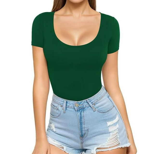 Annhoo T-Shirts à Manches Courtes pour Femmes Col Rond Ajusté Crop Tops Été 2025 Couleur Unie Sorties Basiques