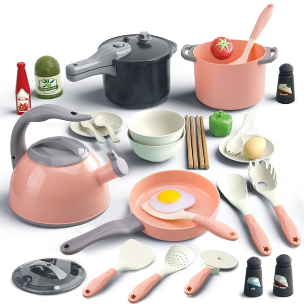 Juego de juguetes Play Kitchen Bruvoalon, 32 piezas, con ollas, sartenes y comida
