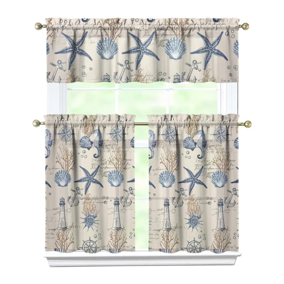 Kitchen Curtains 36 Inch Short - 3 Panel Set, Nautical Starfish Beach Seashell Mermaid Theme, Rod Pocket Window Curtain for Tropical Farmhouse, Easy Wash
