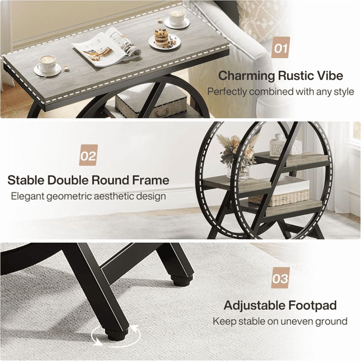 3-Tier Industrial End Table, Slim Side Table with Open Storage Shelves, Wood & Metal Frame for Living Room/Bedroom/Office