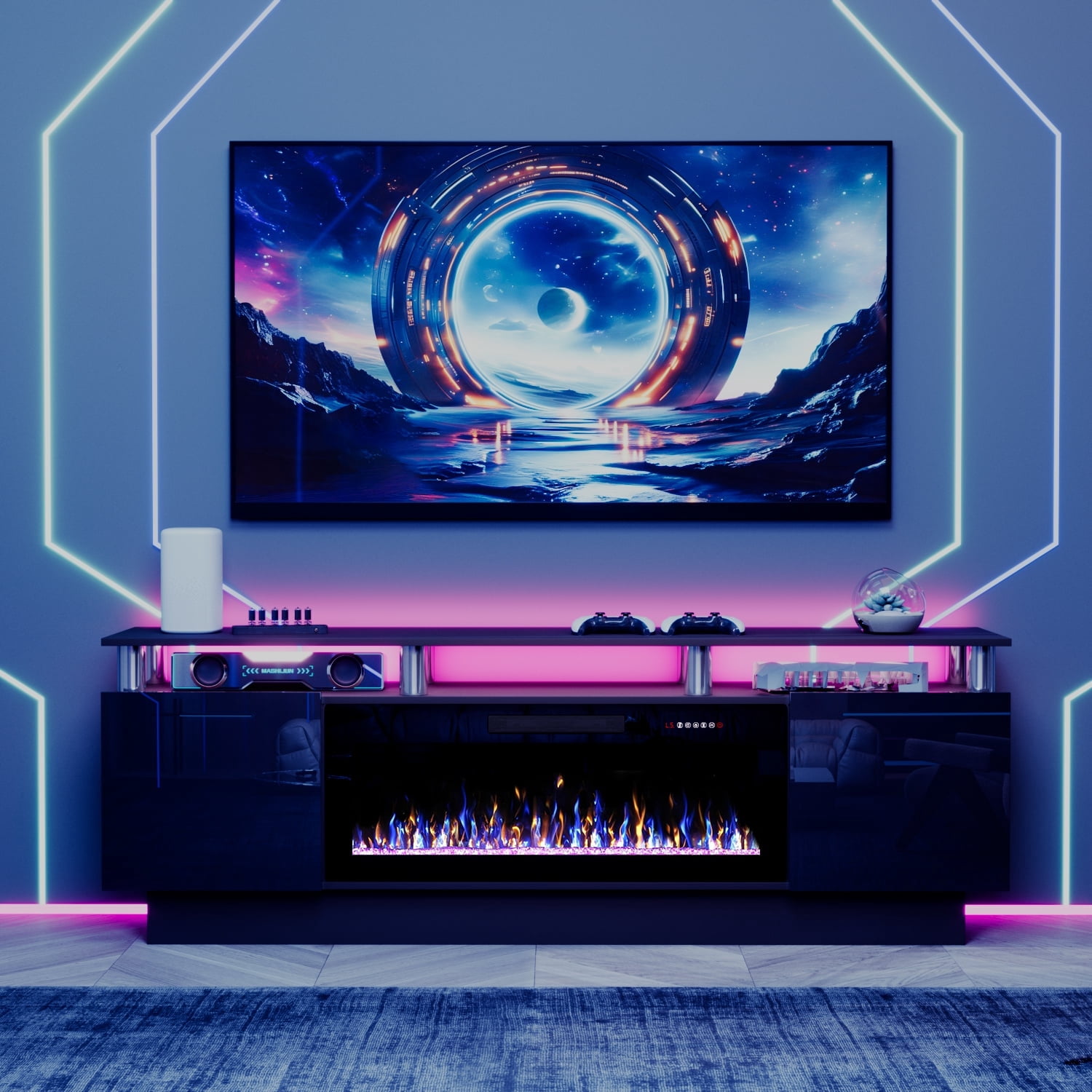 Waleaf 70" Modern Fireplace TV Stand with 36" Fireplace for TVs Up to 80", 2 Tier TV Console Stand for Living Room