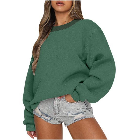 Resicozy Crewneck Sweatshirt for Women Fall Oversized Sweatshirt Vintage Solid Color Pullover Loose Fit Cute Y2K Hoodie Dark Green S