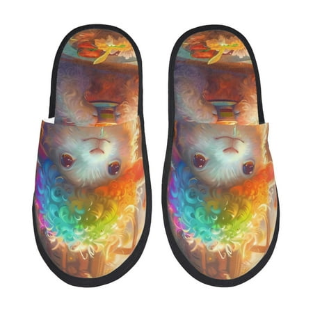 Balery Rainbow Lamb Breakfast Slient Indoor Furry Fleece Comfort House Shoes Soft Non-Slip Home Shoes Cotton slippers House Slippers-- Large