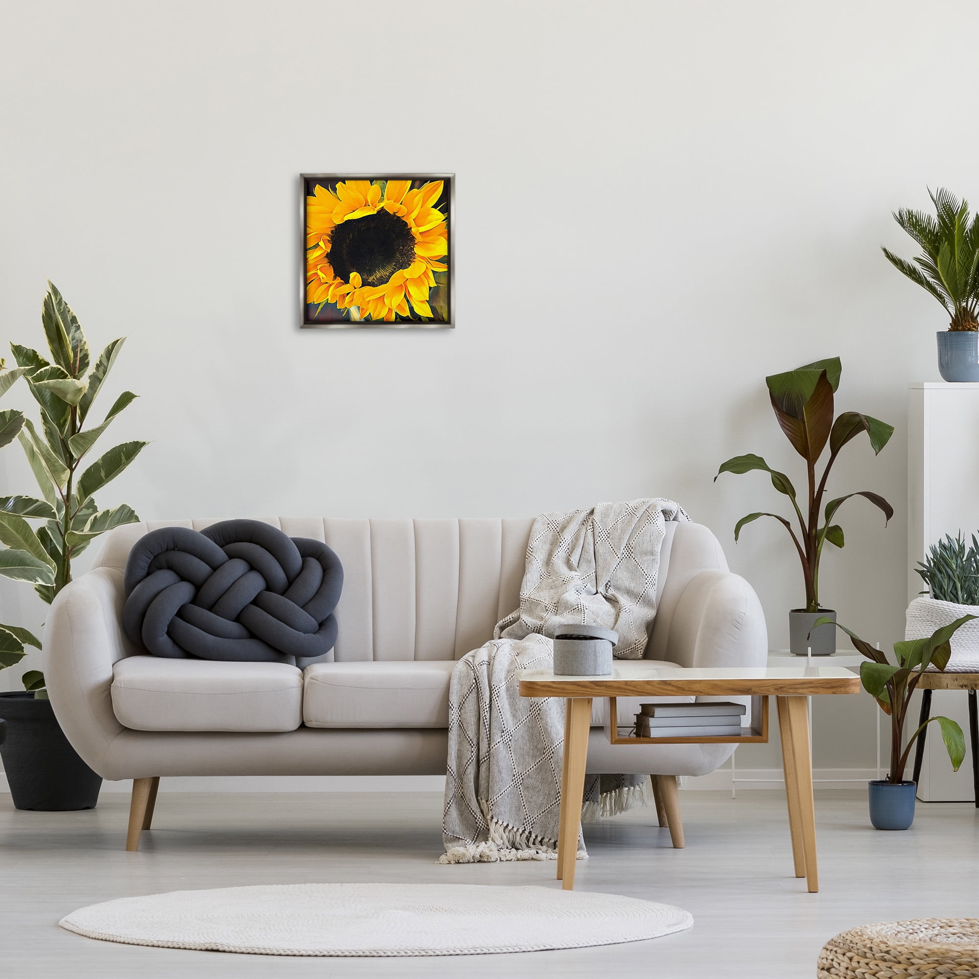 Stupell Industries Vivid Yellow Sunflower Botanical & Floral Painting Gray Floater Framed Canvas Art Print Wall Art, 18 x 18