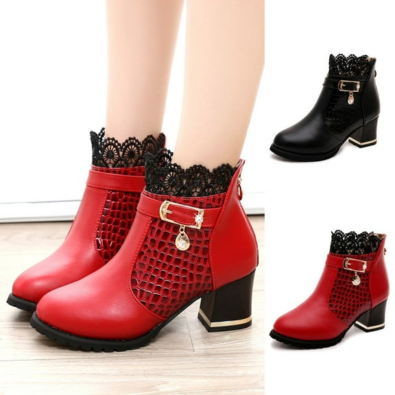 Hinvhai Women's 2024 Fall Winter Vintage Short Boots ,Fashion Classic Leather Lace Chunky Low Heel Comfortable Short Boots Red 8.5(40)