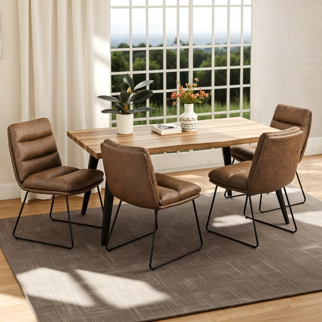 Homy Casa 63 inch Industrial Dining Set for 4, Faux Wood Table Faux Leather Chairs
