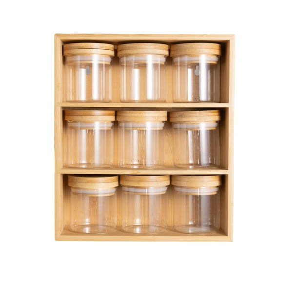 Better Homes & Gardens, Bamboo Holder with 9 Bamboo Swivel Lid Glass Spice Jars, 10 x 11.6 x 3.9 in