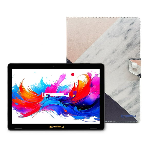 LINSAY 10.1"Octa Core 256GB Storage Android 15 Tablet with Black Pink White Marble Case