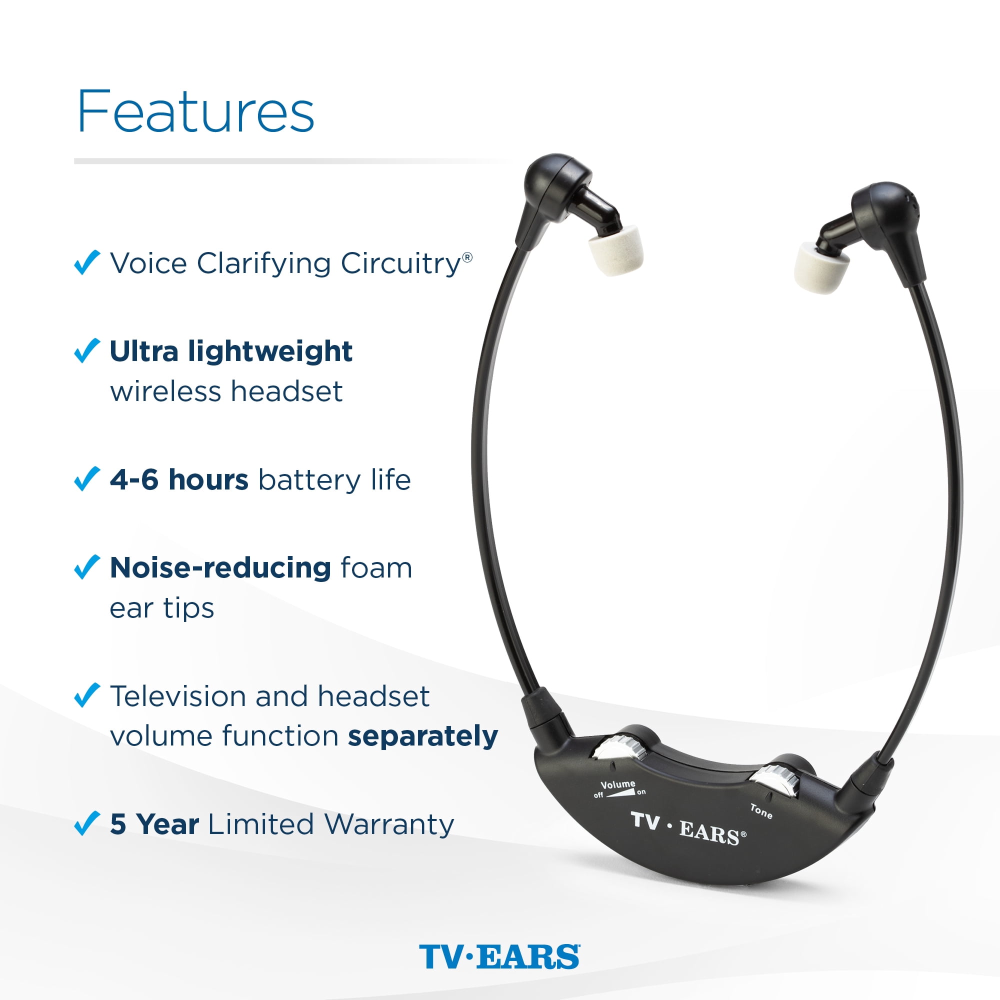 TV Ears Digital Wireless Headset System - Dual Headphones & Hearing Amplifier - Headphones for TV - Ideal for Seniors - Infrared Technology, Wireless Earbuds, Voice Clarifying - 11841 Black