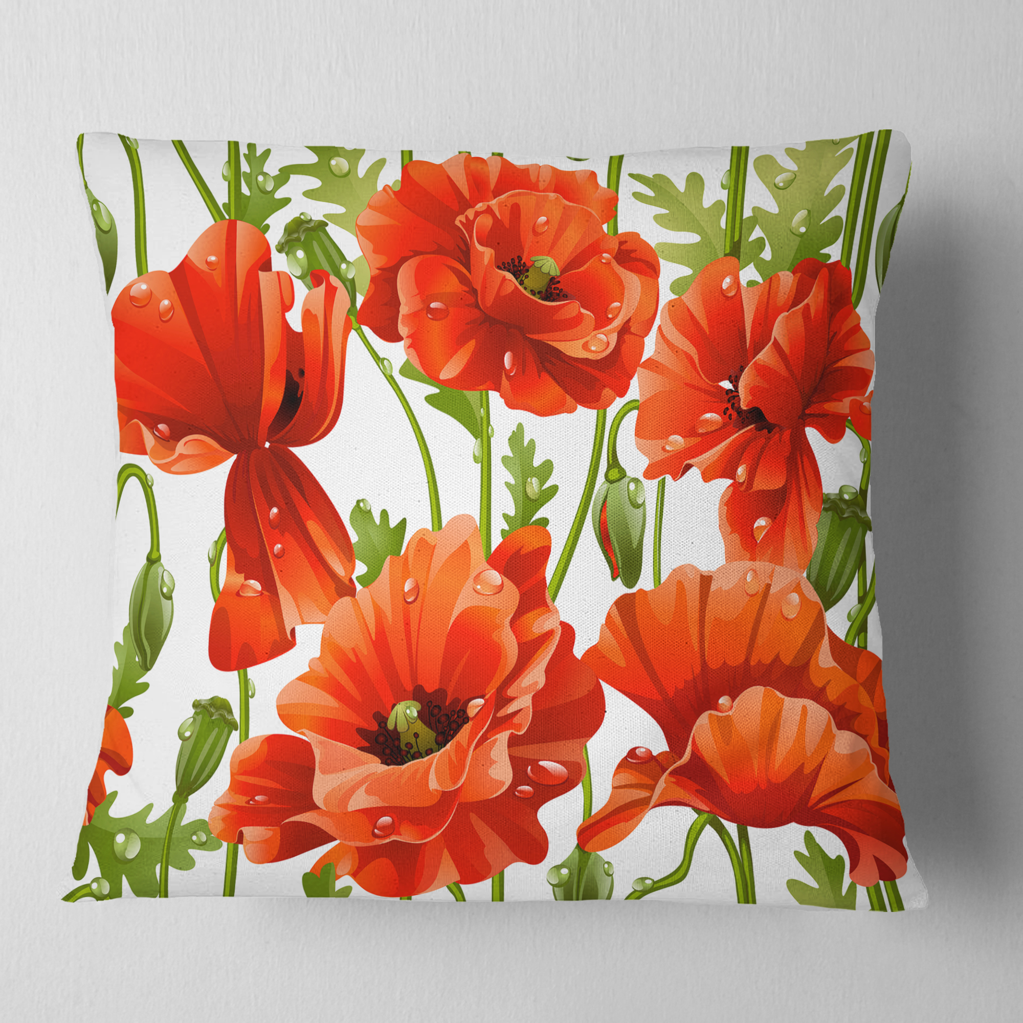 Designart Seamless Pattern of Red Poppies - Floral Throw Pillow - 16x16