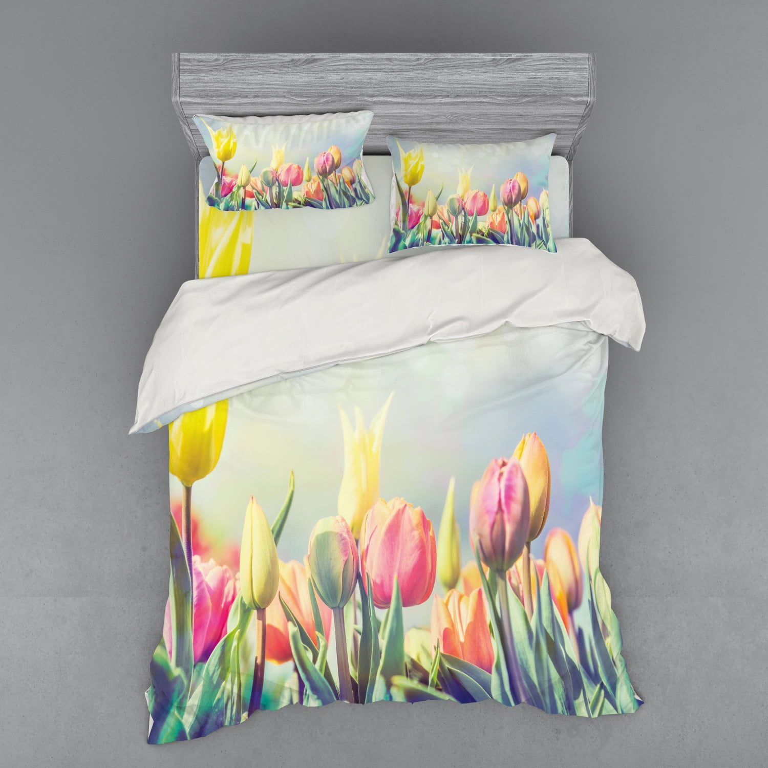 Pastel Duvet Cover Set, Tulips Flower Bed in Park Serene Landscape