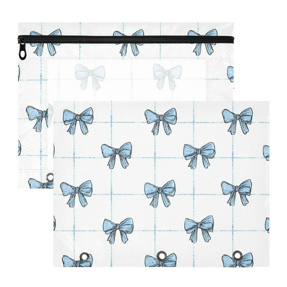 Blue Lines Plaids Bows 3-Ring Binder Pouches A4 Size Zipper Pocket File Storage 2 Packs
