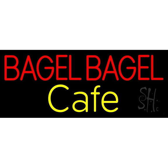 Bagel Bagel Cafe LED Neon Sign 13 x 32 - inches, Black Square Cut Acrylic Backing, with Dimmer - Bright and Premium built indoor LED Neon Sign for restaurant window and interior decor.