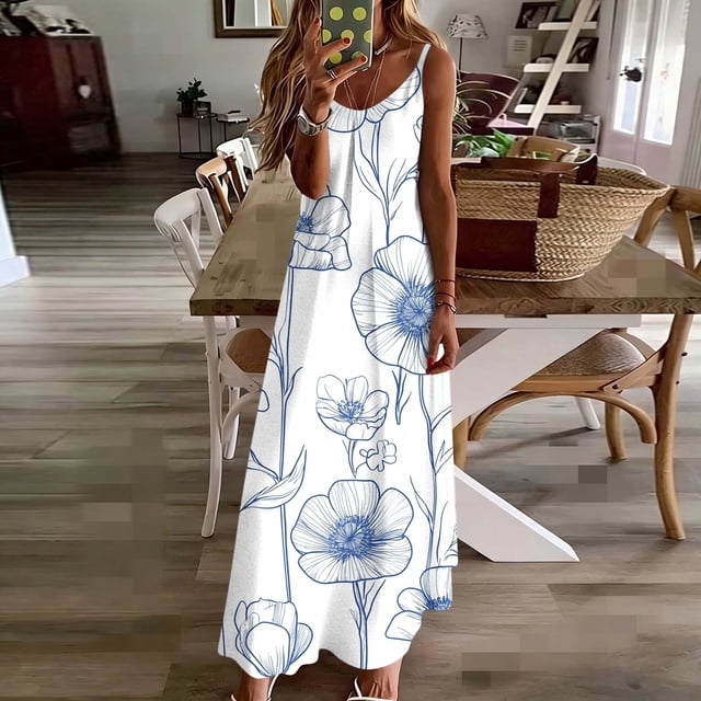 TaTaai Womens Stylish Printed Round Neck Spaghetti Strap Maxi Dress Casual All-Match Soft Comfortable Breathable Daily Party Wear Gift