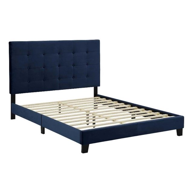 Pemberly Row Lit Plateforme Grand en Velours Capitonné à Boutons, Bleu Minuit