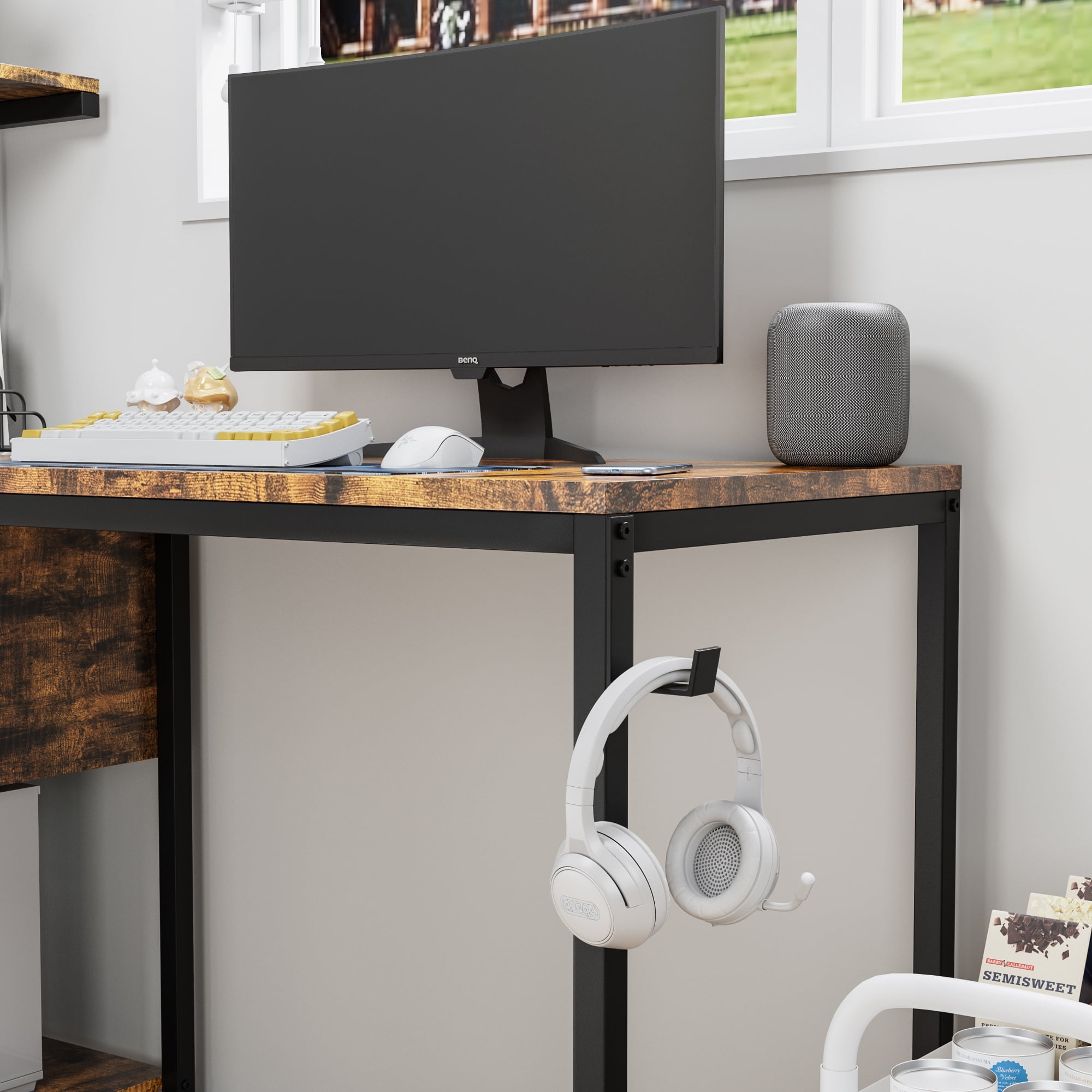 L-Shaped Gaming Desk with Power Outlet & Storage Shelves,Computer Desk Writing Desk with USB Ports Charging Station Workstation for Home Office,Brown