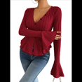 thumbnail image 3 of Camiseta Elegante de Larga con Cuello en V para Mujer, Otoño e Invierno, con Volantes, Corte Entallado y Mangas Acampanadas Vino Tinto L, 3 of 9