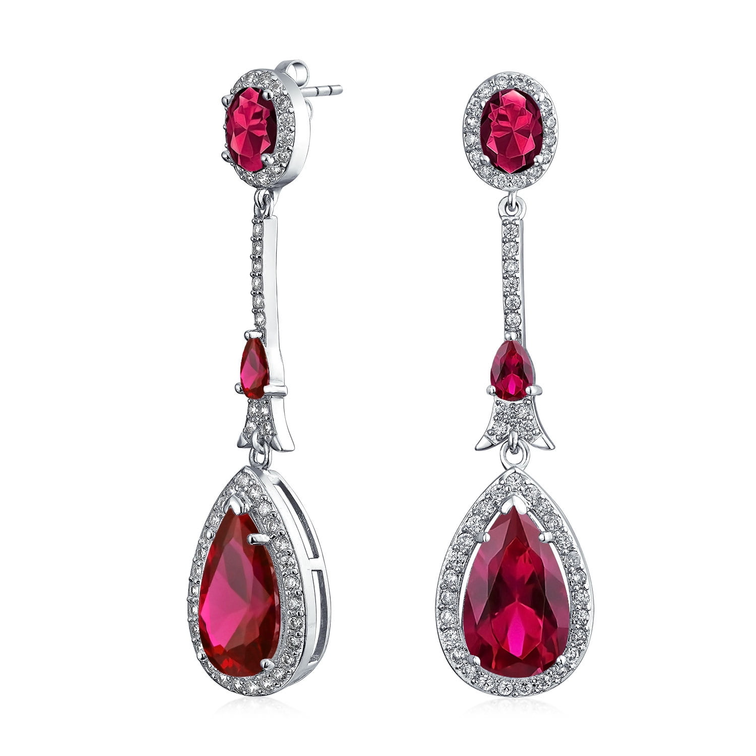 Boucles d'Oreilles Lustre Rubis Simulé Style Art Déco en Forme de Larme Rouge pour Femmes Plaqué Argent