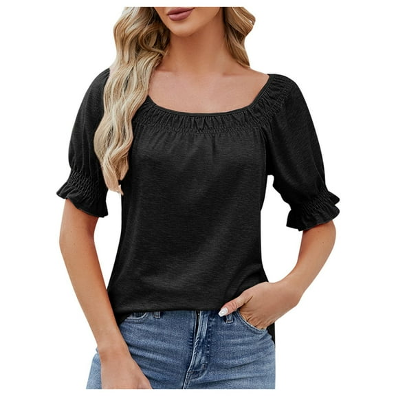 Gbsyewxs Shirts For Women Square Neck Puff Sleeve Ruffle Solid Color Casual Summer Womens T Shirt Black
