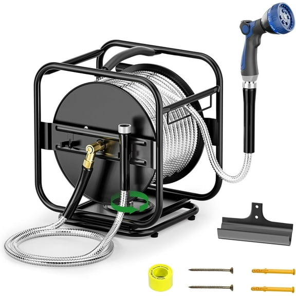 SPECILITE Metal Garden Hose Reel with 100ft 304 Stainless Steel & Aluminum Nozzle, Wall Mount/Floor Water Pipe Spool