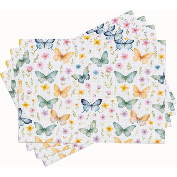 Butterfly Flower Placemats Set of 4 Butterflies Table Mats Non-Slip Washable Place Mats for Party Kitchen Dining Room Restaurant Holiday Decoration 12"x18"