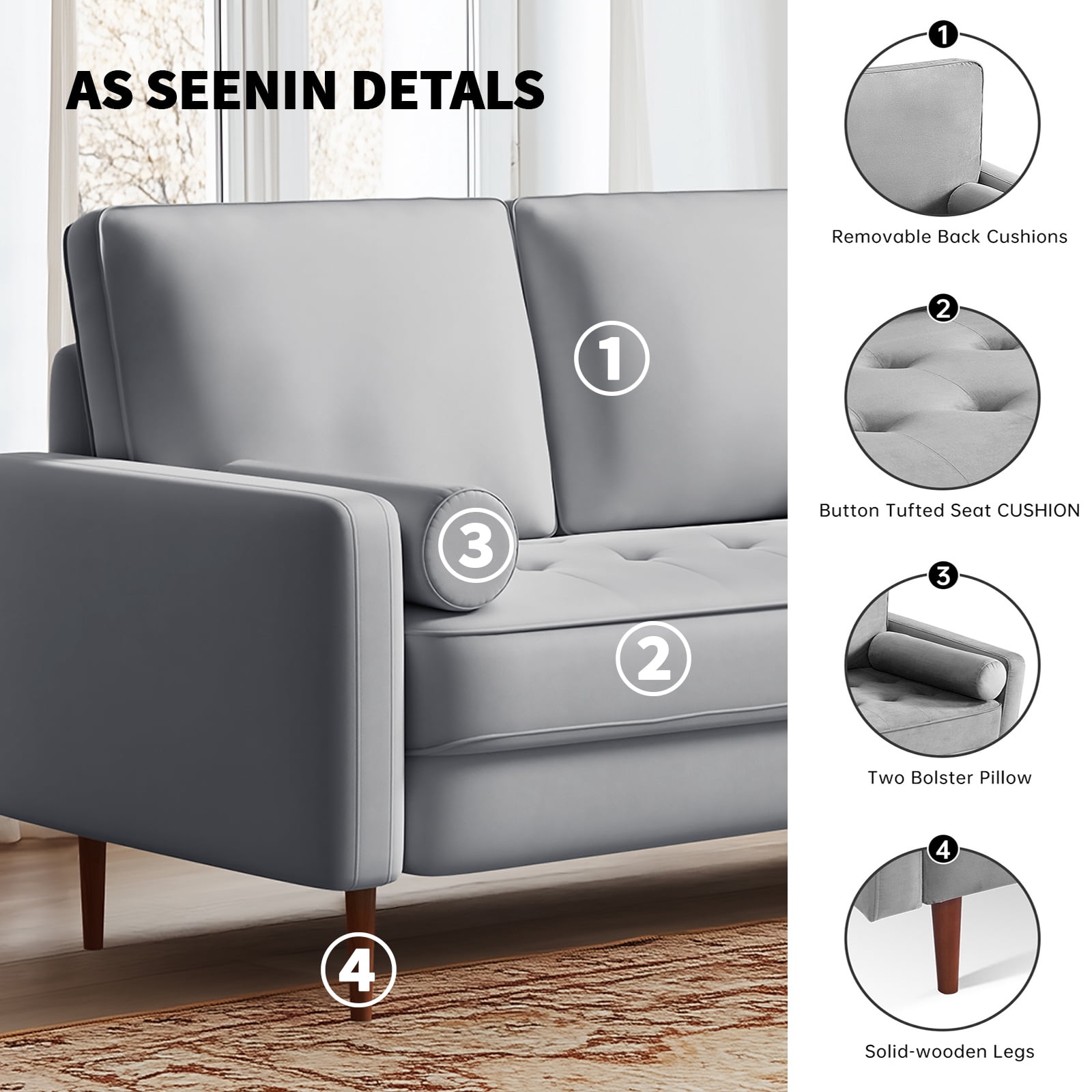 Dixie 57" Small Sofa Loveseat Couch, Premium Velvet Fabric And 2 Bolster Pillows Suitable for Apartment or Small Living Room, Grey