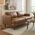 thumbnail image 4 of Simpli Home Livingston 76 inch Wide Mid-Century Modern Sofa in Caramel Brown Top Grain Genuine Leather, 4 of 12