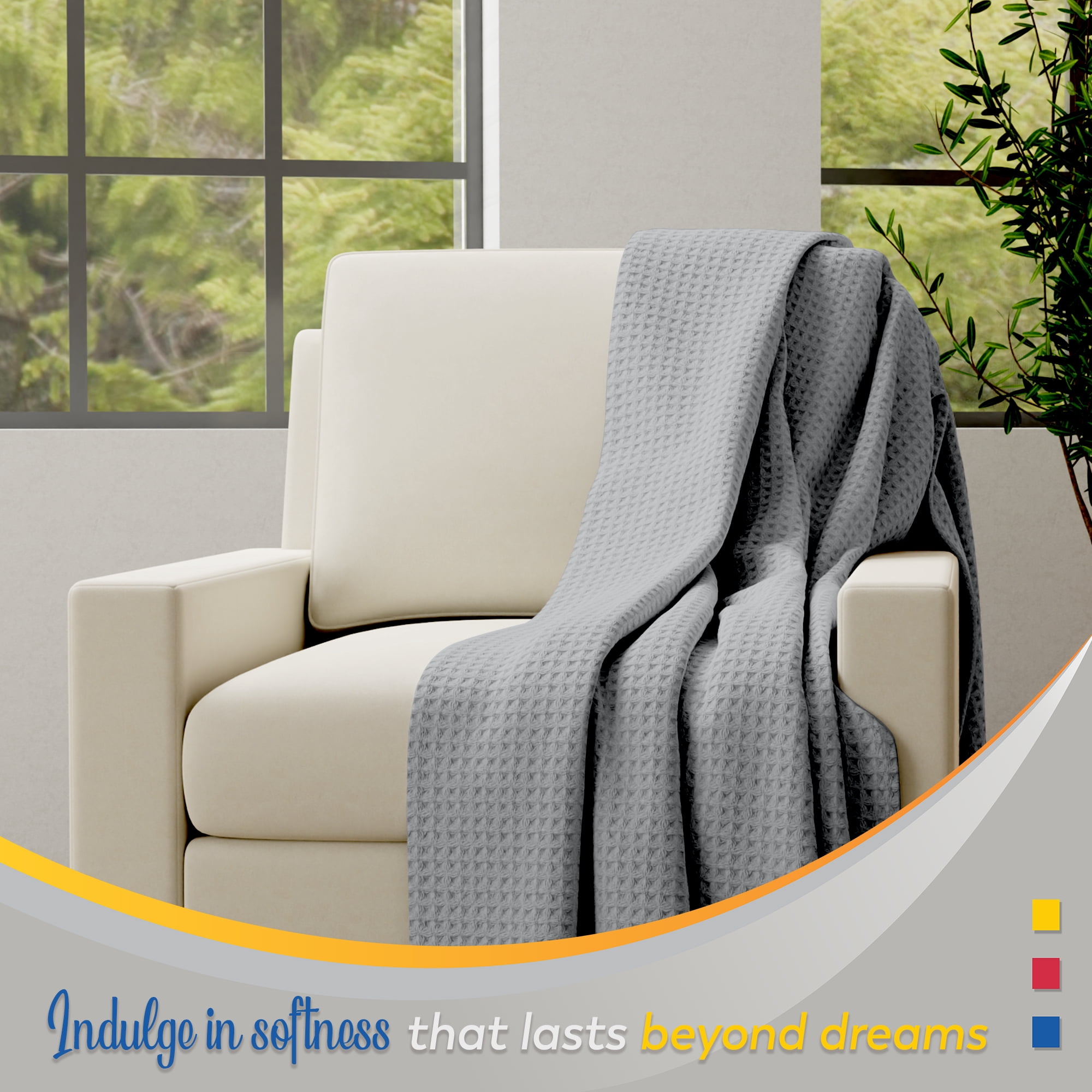 Color Sense 100% Cotton Waffle Weave Throw Blanket- Lightweight, Soft and Warm for Couch, Sofa and Bed- Full/Queen (90"X90") Light Gray