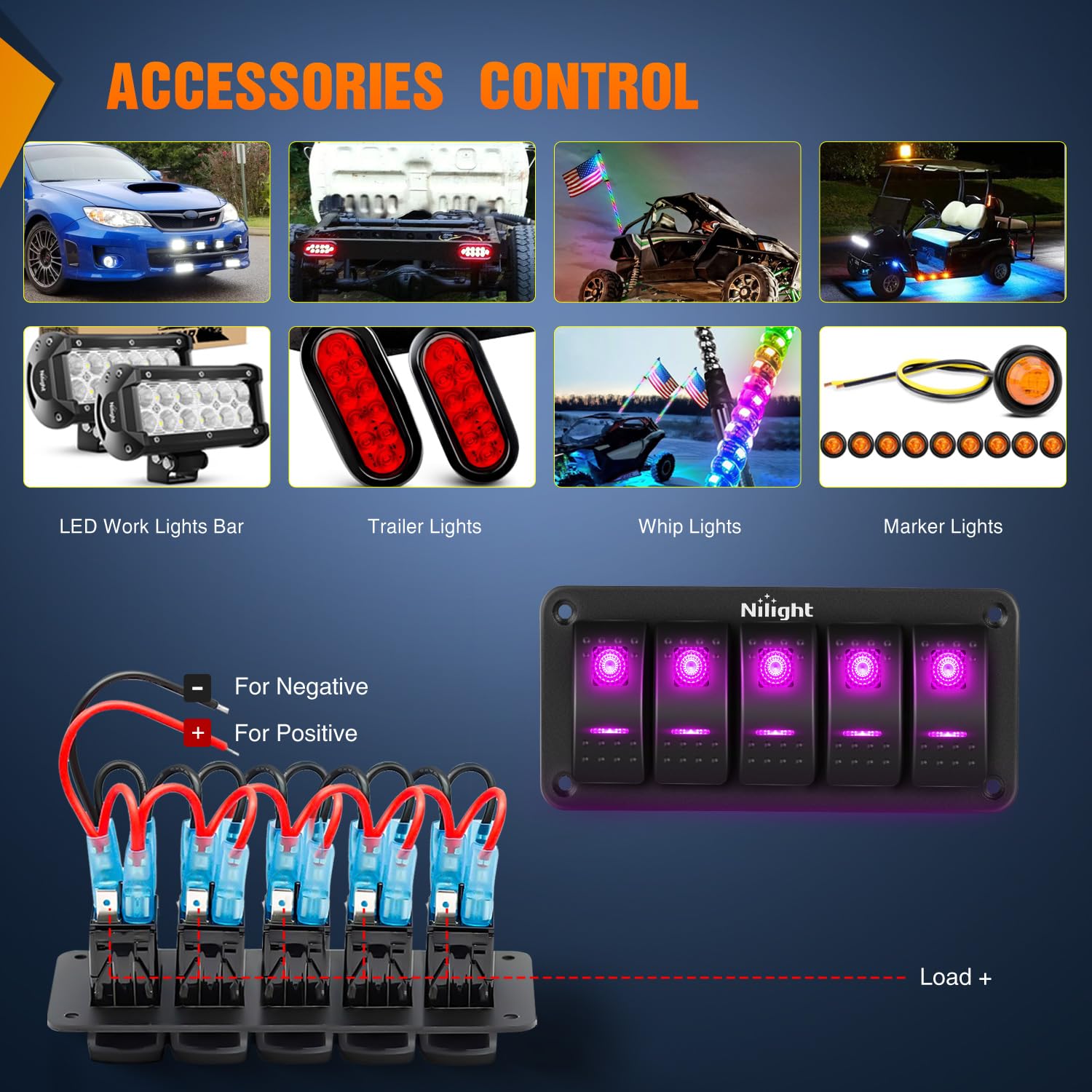 Nilight 5 Gang Rocker Switch Panel with Purple LED Light 5 Pin On Off Pre-Wired Aluminum Toggle Switches Waterproof for 12V/24V Cars Marine Boats ATVs Trailers RV Trucks