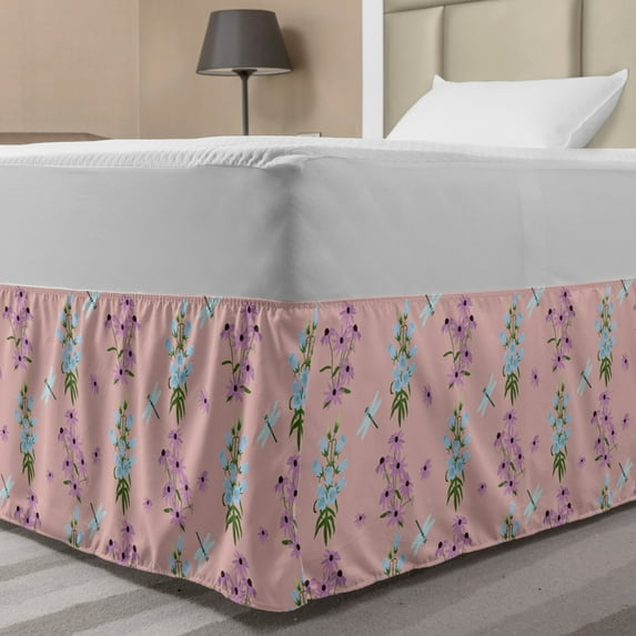Dragonfly Bed Skirt, Botanical Pastel Themed Pattern of Campanula and Echninacea Flowers, Elastic Bedskirt Dust Ruffle Wrap Around for Bedding Decor, 4 Sizes, Blush Baby Blue Mauve, by Ambesonne