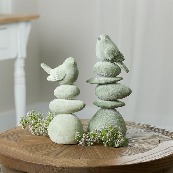 Melrose Bird on Rocks Figurine Decorations - 10.5" - Green and Gray - Set of 4