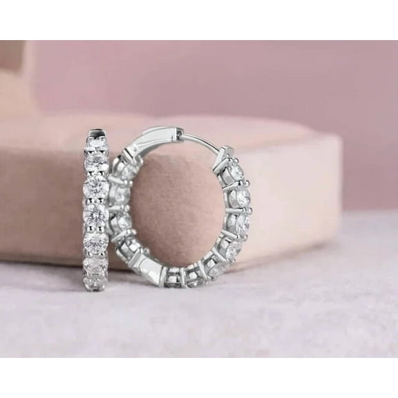 14K White Gold Plated 2Ct Round Cut Lab Created Diamond Huggie Hoop Earrings 925 Silver