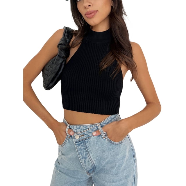 Txlixc Tirantes femeninos halterneck blusa casual de verano color sólido cuello alto sin mangas blusa sin espalda corta ropa callejera Txlixc moda
