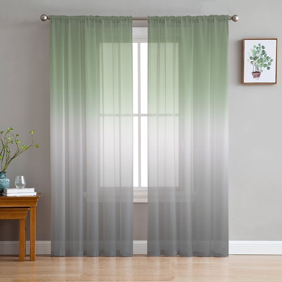Ombre Sage Green, Semi Sheer Curtains 96 Inch Length 2 Panels Set, Minimalist Contemporary Grey Sheer Kitchen Curtain Privacy Voile Window Curtain for Living Room Bedroom Rod Pocket Drapes