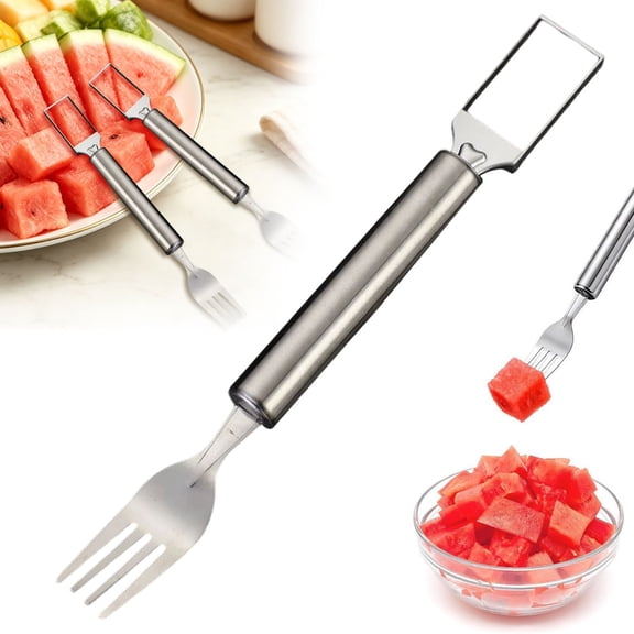 2026 New 2 in 1 Stainless Steel Watermelon Slicer with Fork, Double Head Cutter Tool for Cubes, Round Handle for Home Picnic, 1 Piece