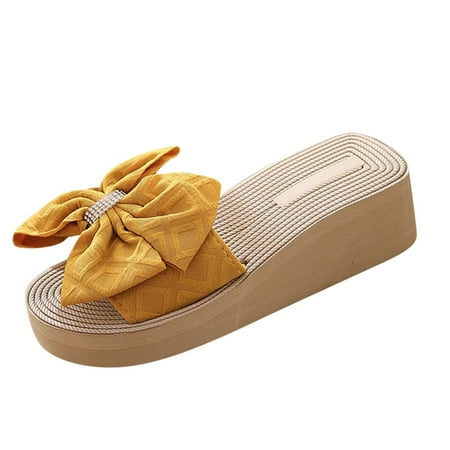 

Slippers for Women Fashion Spring And Summer Women Slippers Bow Rhinestone Platform Wedge Sandals Beach Shoes Womens Slippers Cloth Yellow 38