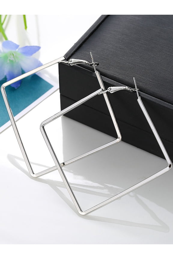 Geometric Square Hoop Earrings for Women - Silver, 1 Pair
