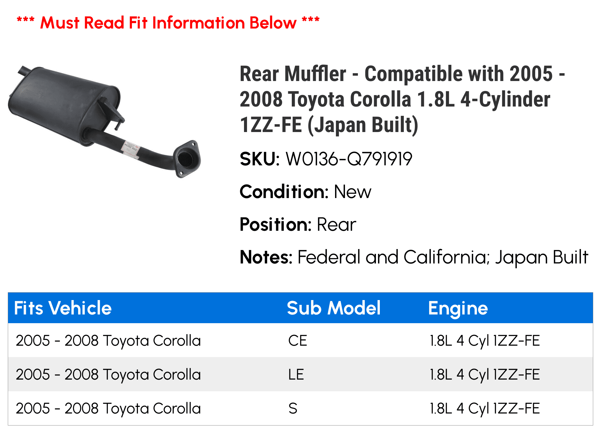 Rear Muffler - Compatible with 2005 - 2008 Toyota Corolla