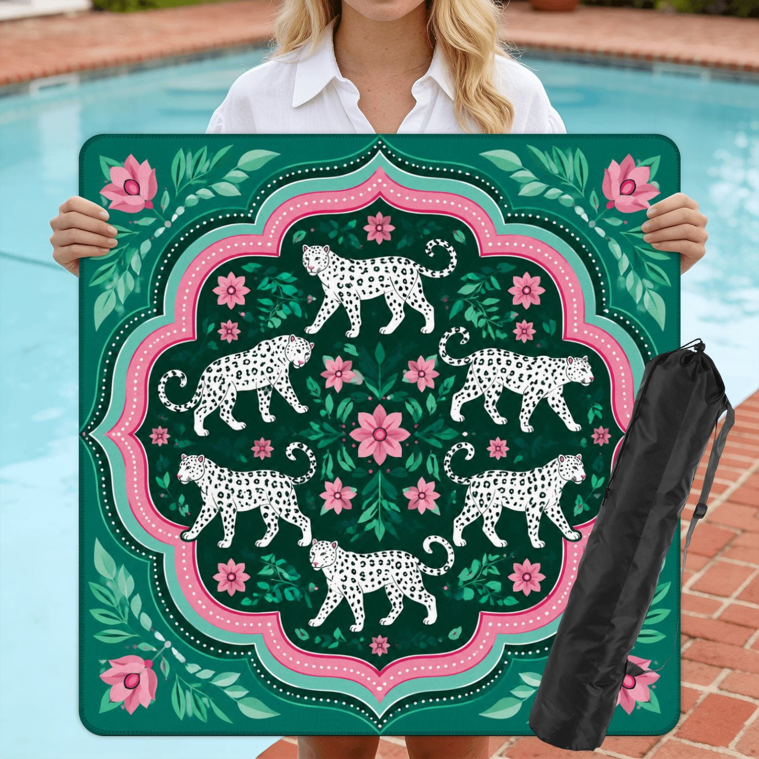 Mahjong Mat 31.5" x 31.5" White Leopards Floral Pink Green Accents Non-Slip Noise Reduction American Mahjong Tiles Table Cover for Dominoes Poker Card Board Games Gift