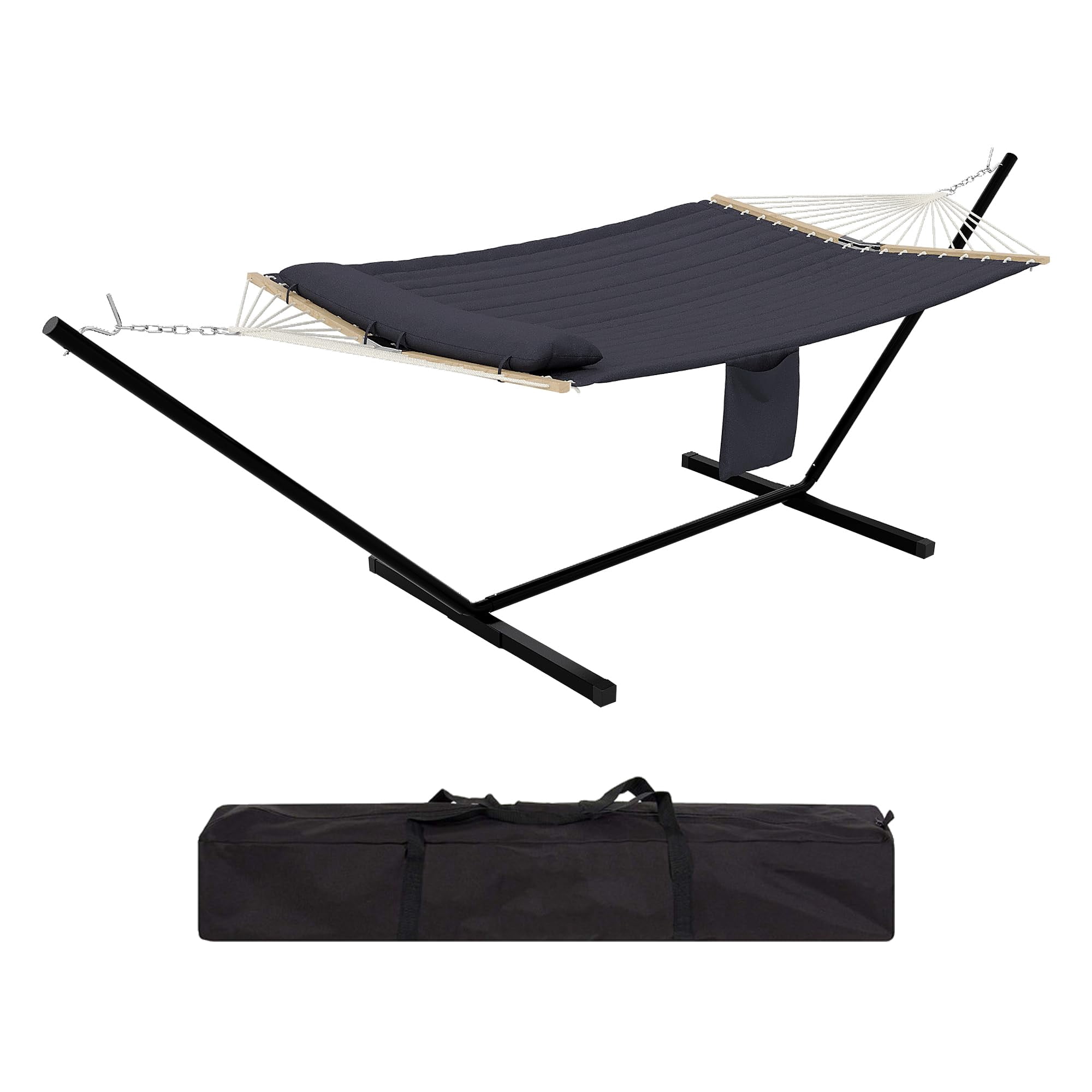 12FT Heavy Duty Hammock with Stand for 2 Persons - 500LB Capacity, Weather-Resistant Quilted Polyester, V-Shaped Spreader Bar, Steel Frame, Carry Bag for Patio, Garden, Backyard - Dark Gray