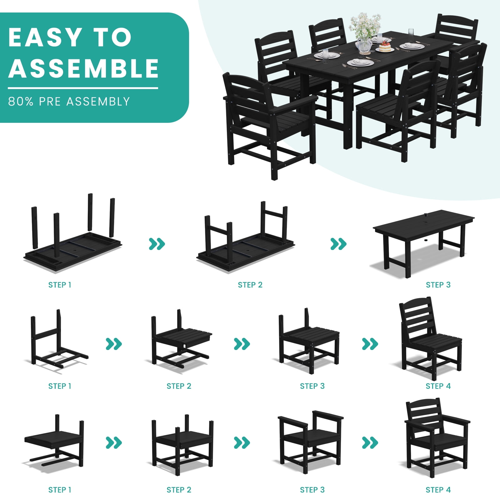 LOYALICE 7 PC Outdoor Patio Furniture Set, Patio Dining Sets, 6 Chairs and 1 Table, Black