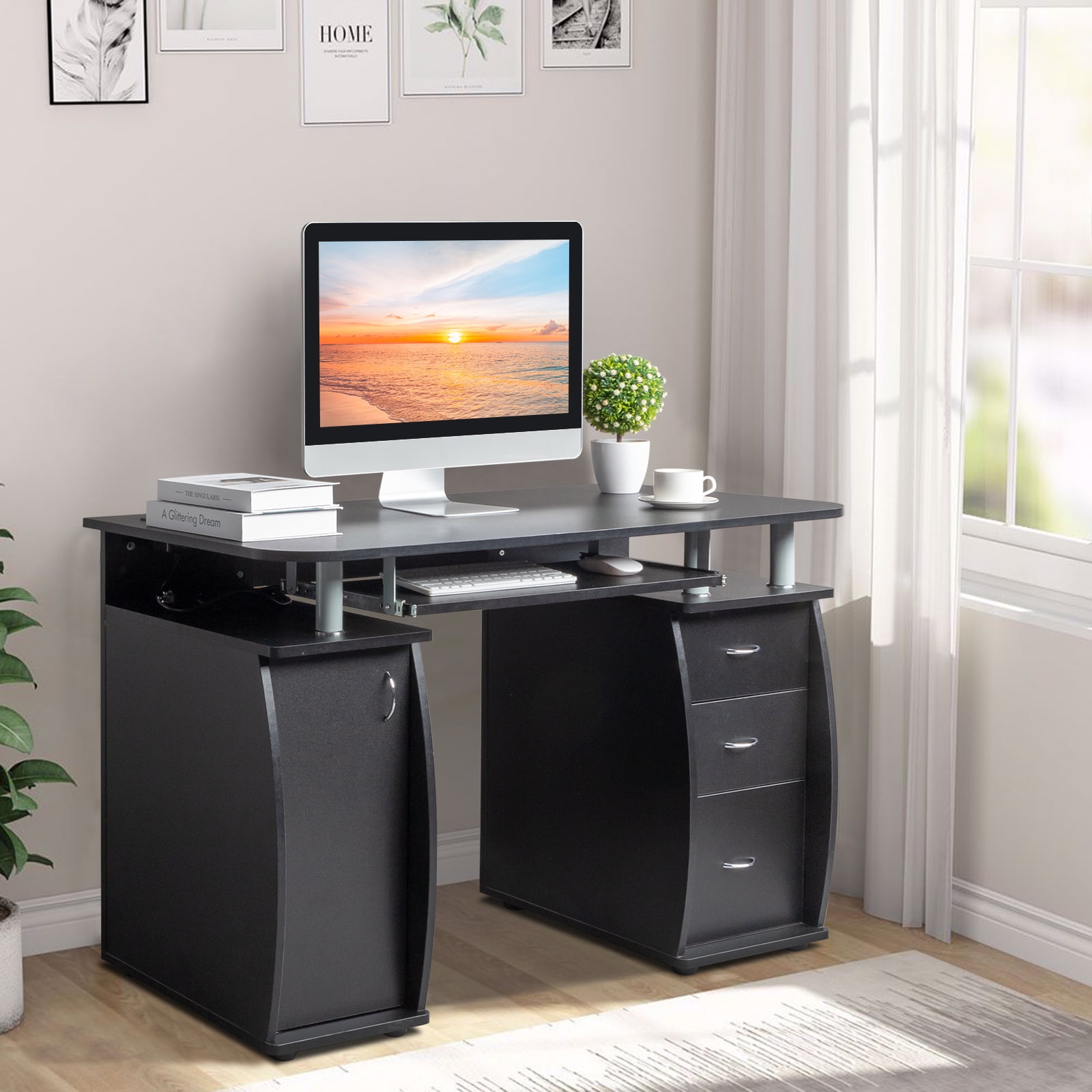 Ktaxon 3 Drawers Computer Desk with Wireless USB Charging Station, Study Workstation Office Furniture